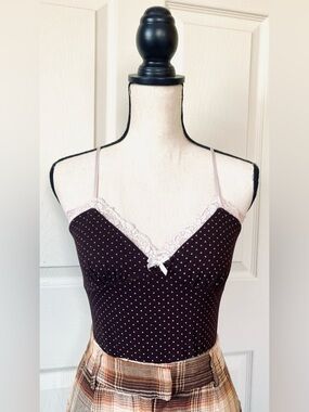 Brown Polka Dot Cami Tank Top: Cream Lace-Trim Bow, Sz. S